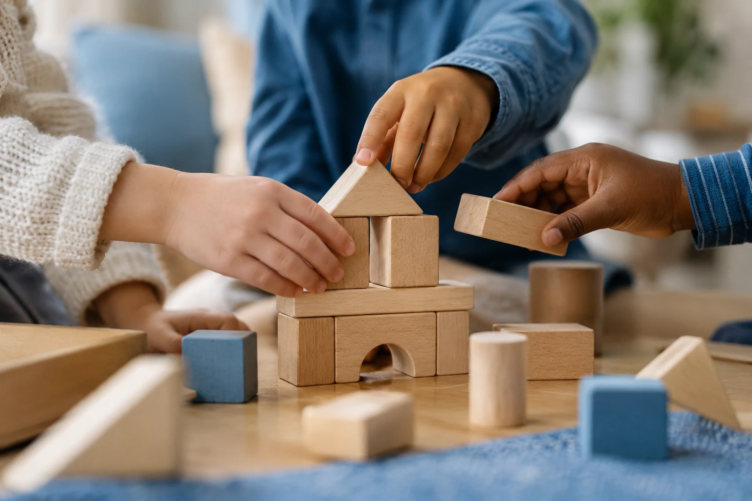 Mani di bambini collaborano alla costruzione di una struttura con blocchi di legno