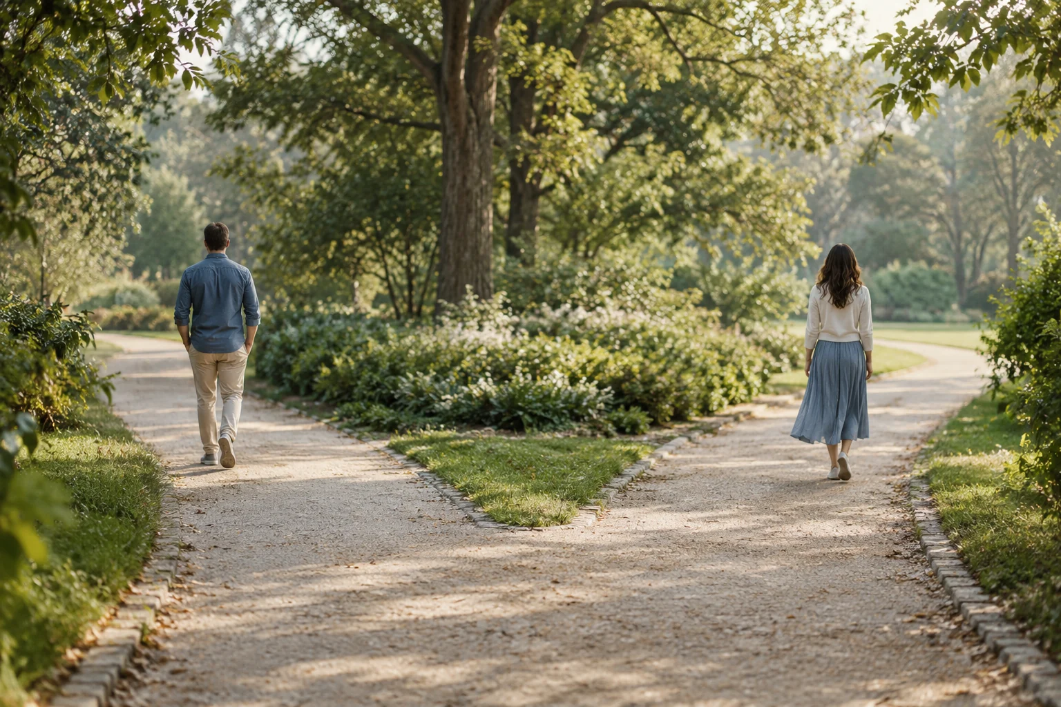 Due persone percorrono direzioni diverse lungo un sentiero nel parco