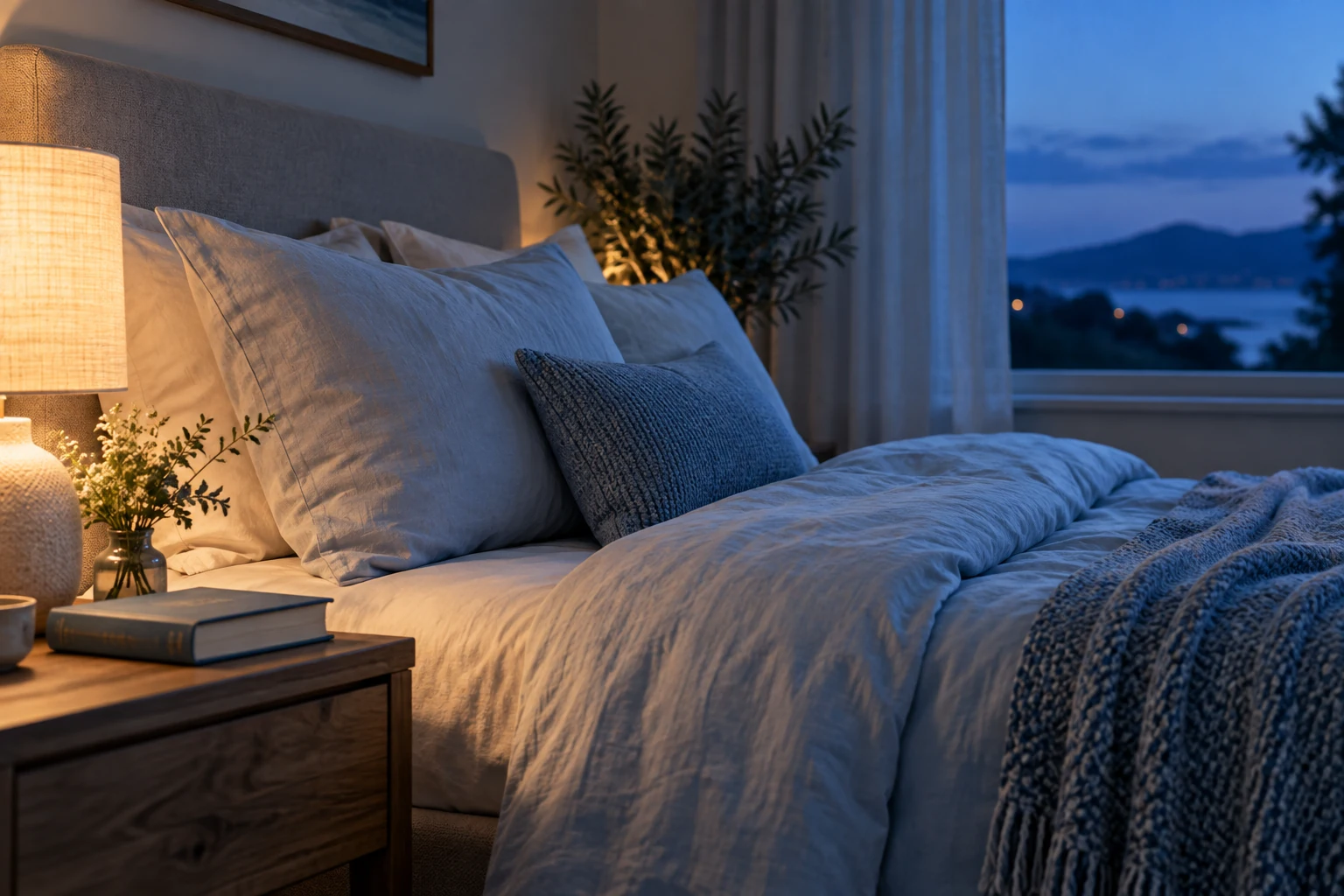 Camera da letto con lenzuola azzurre, libro chiuso e luce soffusa sul comodino