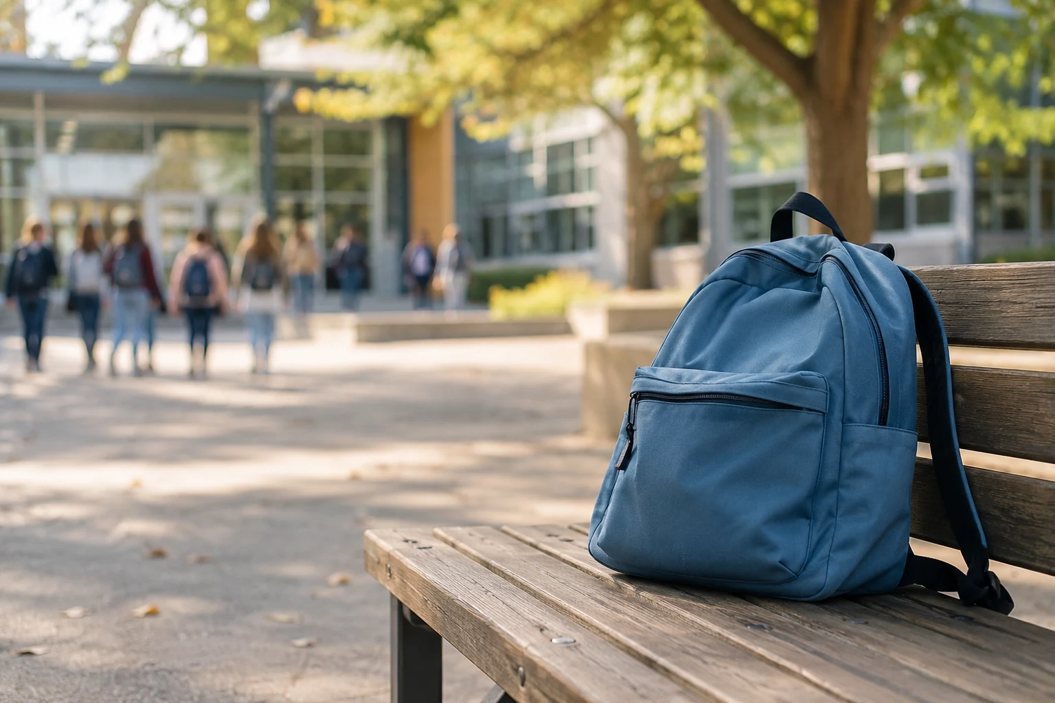 Uno zaino su una panchina nel cortile di una scuola