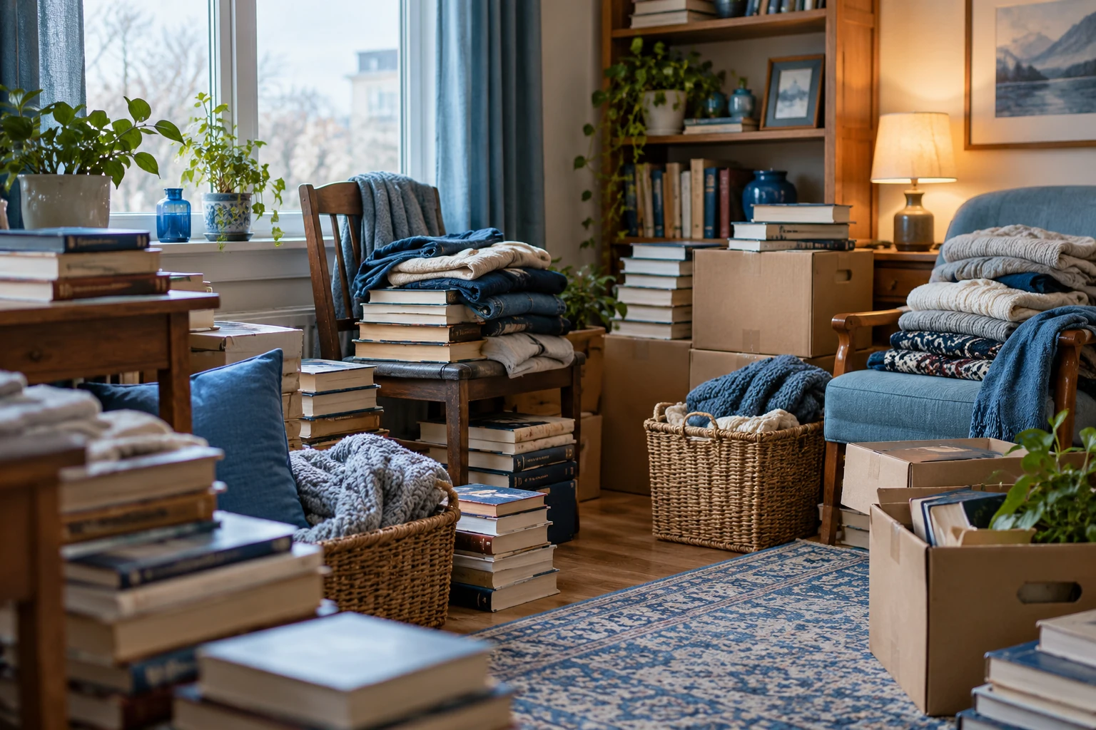 Scatole, libri e abiti accumulati in una stanza domestica