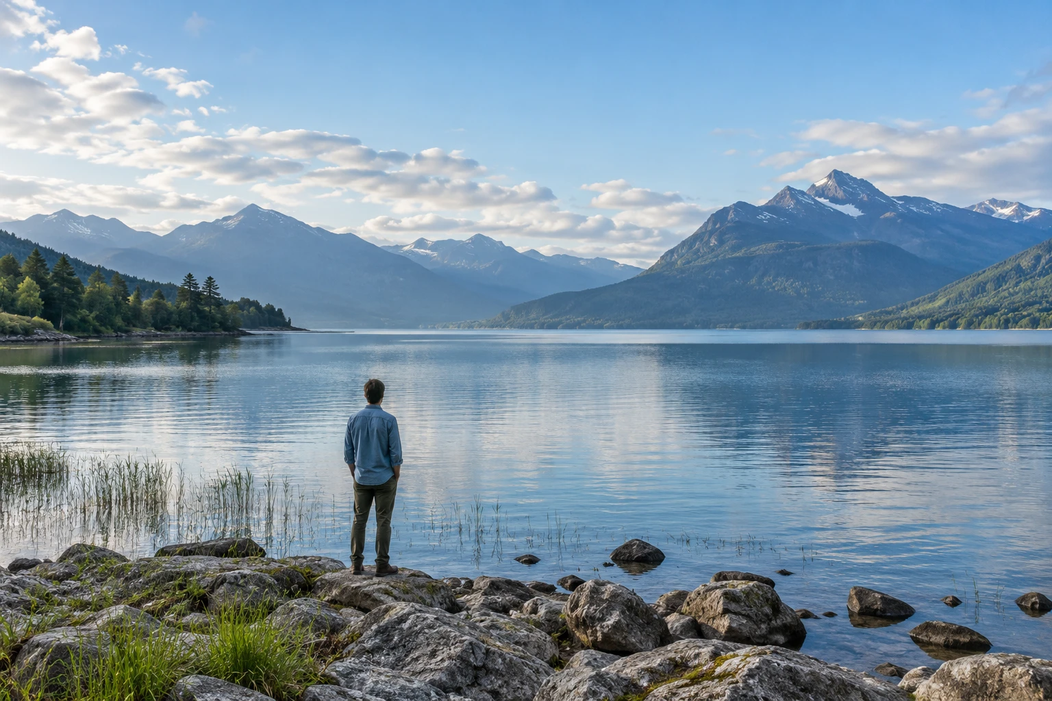 Persona vista di spalle sulla riva di un lago, davanti a un paesaggio montano.